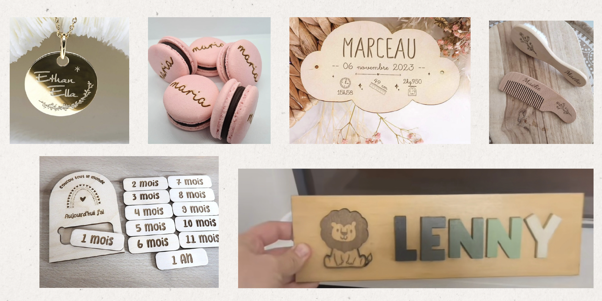 Réalisations en gravure laser : pendentif gravé, macarons personnalisés, plaque de naissance en bois, brosse et peigne gravés, étiquettes de mois pour bébé et plaque prénom Lenny